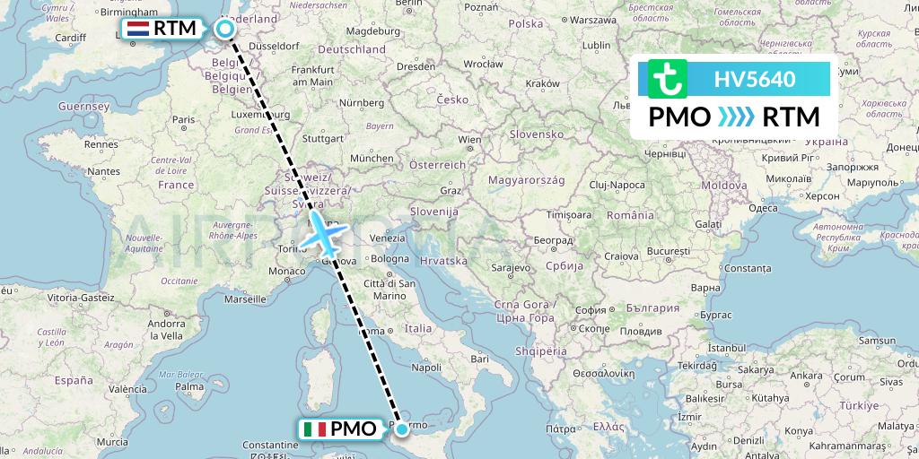HV5640 Transavia Flight Map: Palermo to Rotterdam