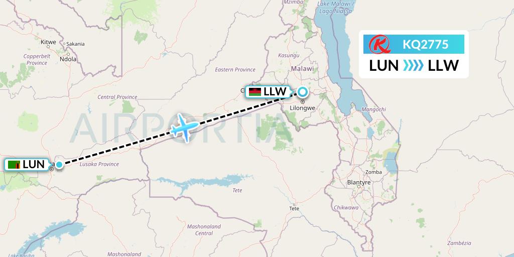 KQ2775 Kenya Airways Flight Map: Lusaka to Lilongwe