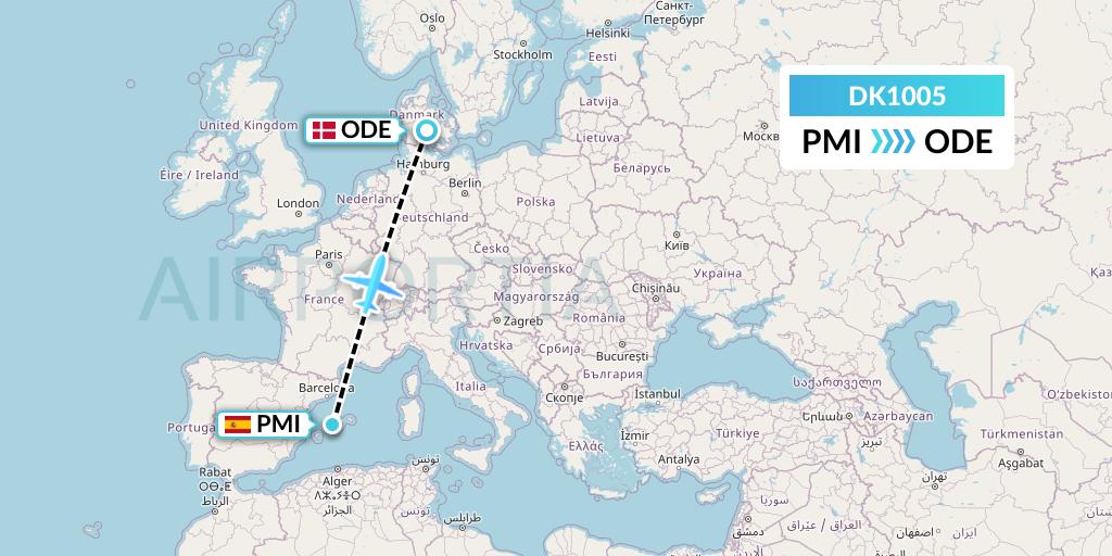 DK1005 Thomas Cook Airlines Scandinavia Flight Map: Palma de Mallorca to Odense