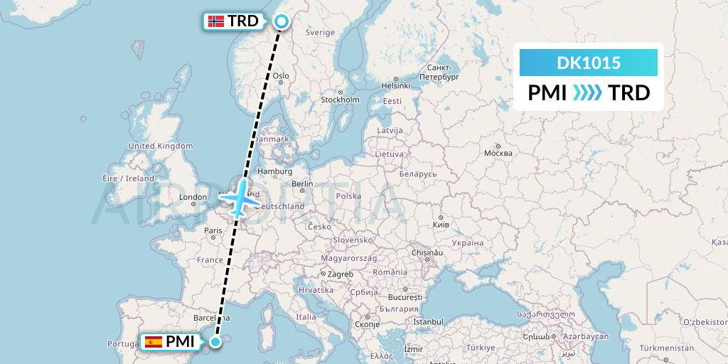 DK1015 Thomas Cook Airlines Scandinavia Flight Map: Palma de Mallorca to Trondheim