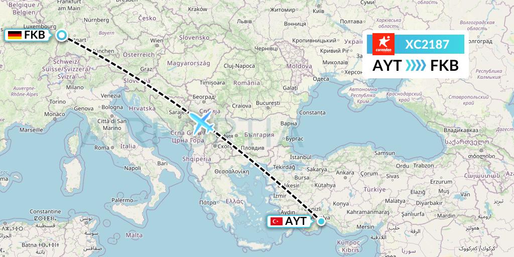 XC2187 Corendon Airlines Flight Map: Antalya to Karlsruhe/Baden-Baden