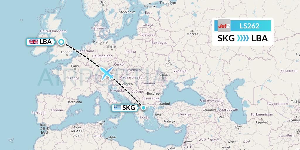 LS262 Jet2 Flight Map: Thessaloniki to Leeds