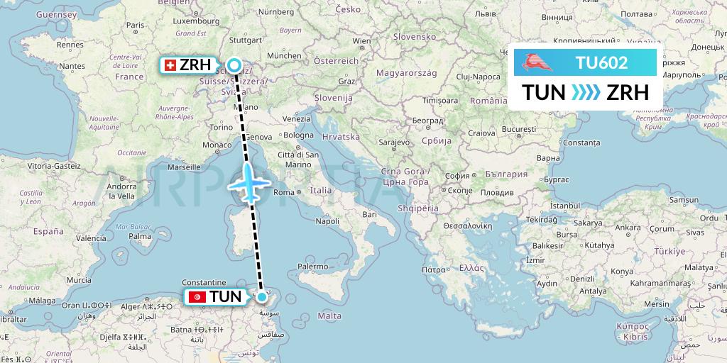 TU602 Tunisair Flight Map: Tunis to Zurich