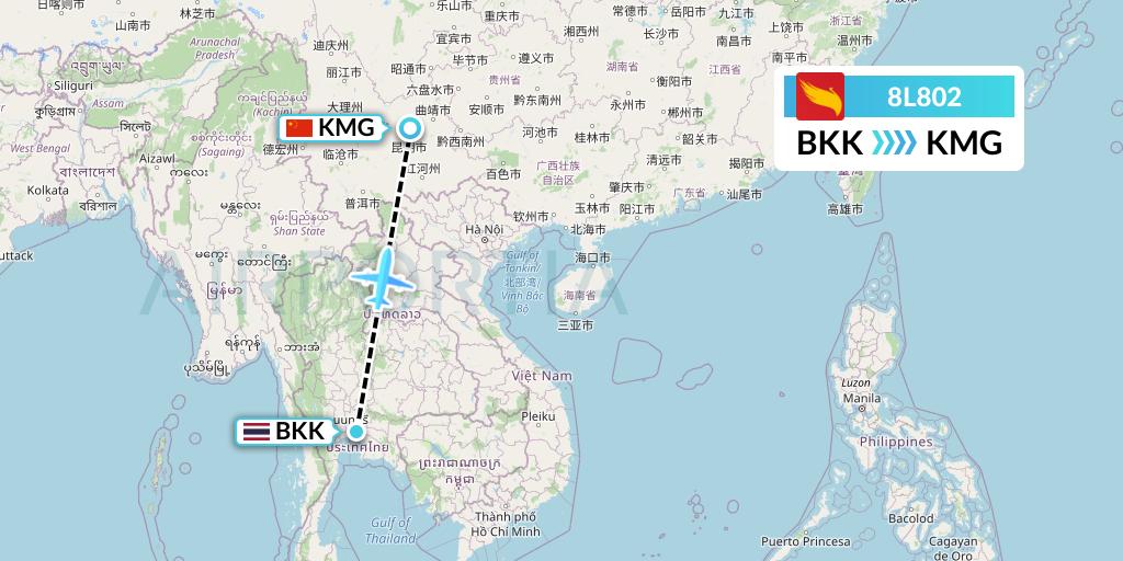 8L802 Lucky Air Flight Map: Bangkok to Kunming