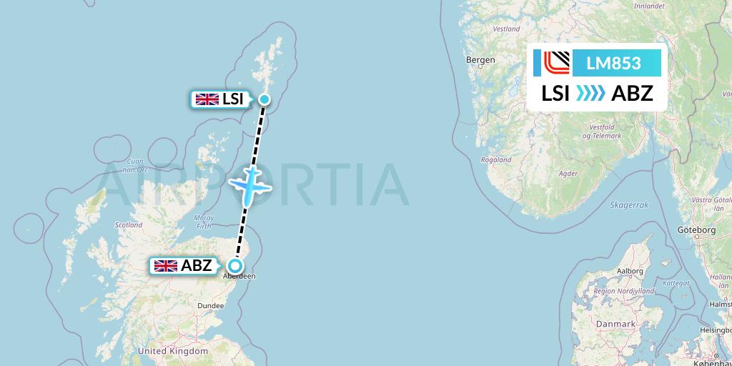 LM853 Loganair Flight Map: Sumburgh to Aberdeen