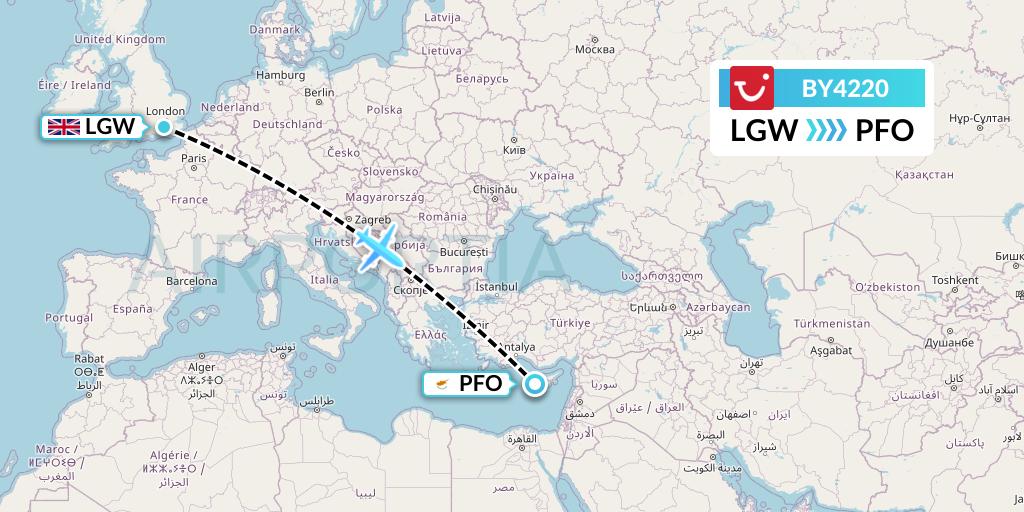 BY4220 TUI Airways Flight Map: London to Pafos