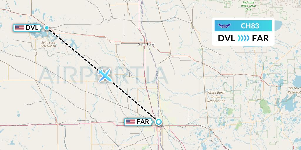CH83 Bemidji Airlines Flight Map: Devils Lake to Fargo