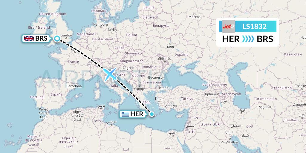 LS1832 Jet2 Flight Map: Heraklion to Bristol