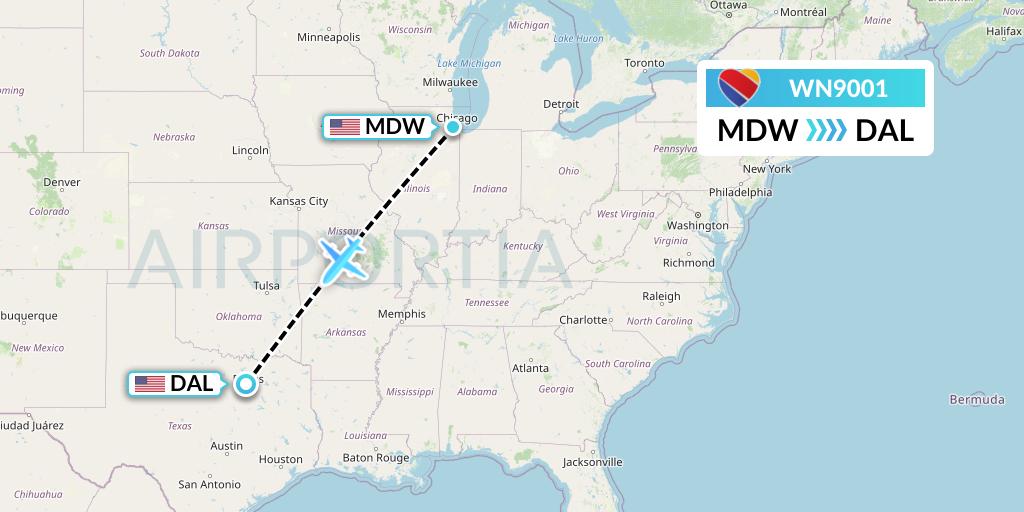 WN9001 Southwest Airlines Flight Map: Chicago to Dallas