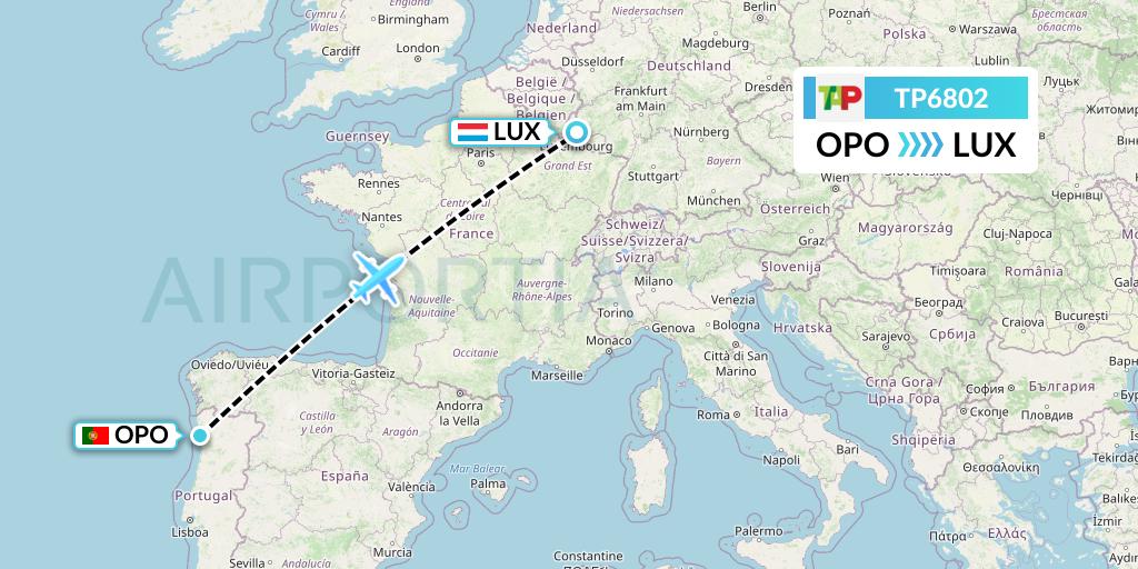 TP6802 TAP Portugal Flight Map: Porto to Luxembourg