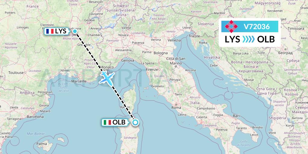 V72036 Volotea Flight Map: Lyon to Olbia