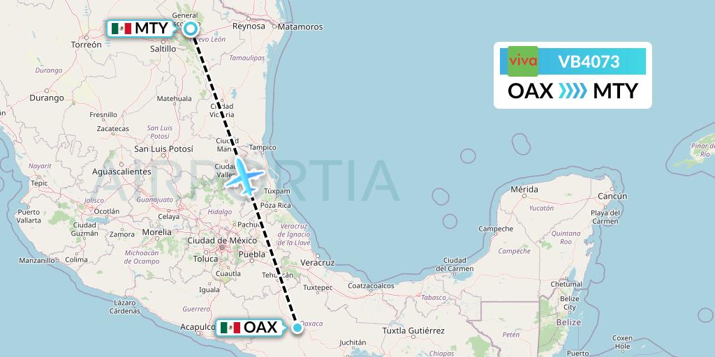 VB4073 VivaAerobus Flight Map: Oaxaca to Monterrey