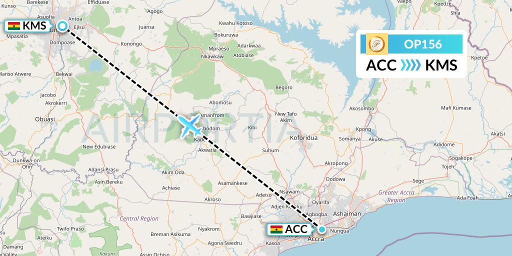 OP156 PassionAir Flight Map: Accra to Kumasi