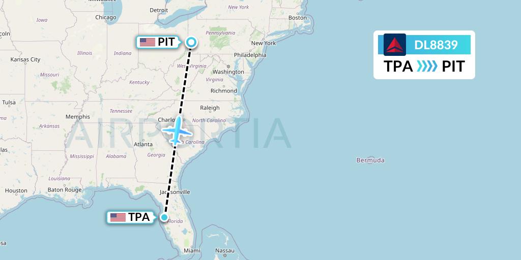DL8839 Delta Air Lines Flight Map: Tampa to Pittsburgh