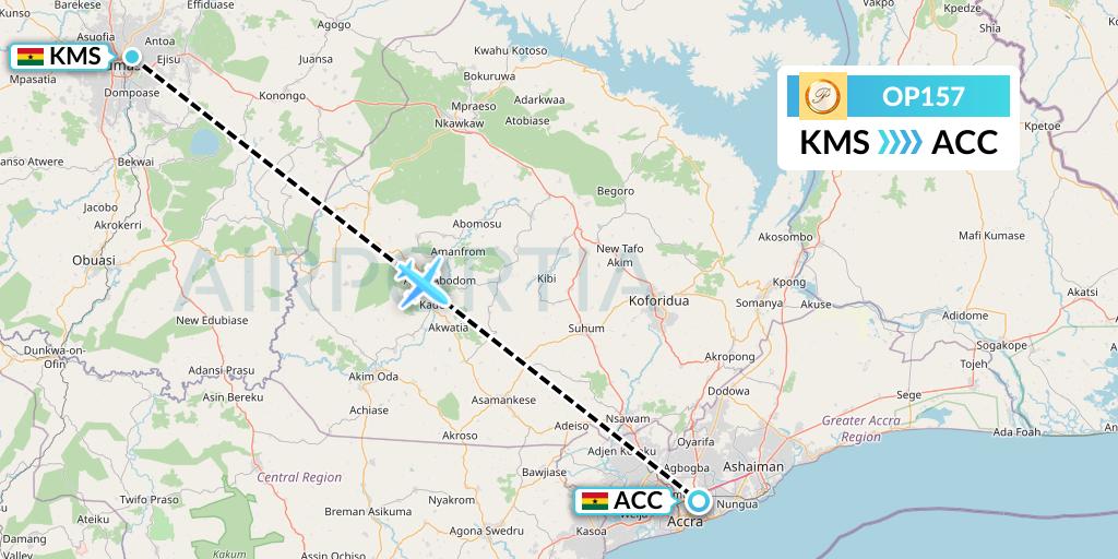 OP157 PassionAir Flight Map: Kumasi to Accra