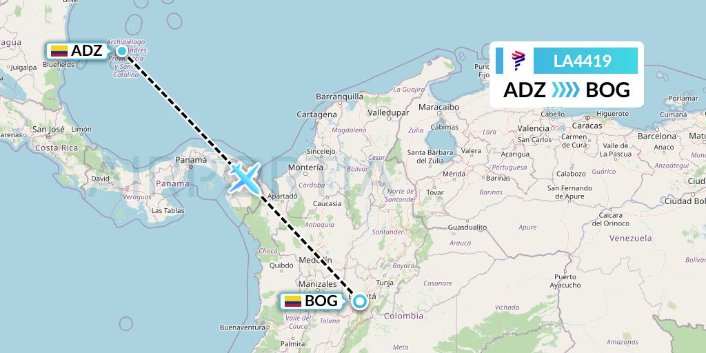 LA4419 LAN Airlines Flight Map: San Andres Island to Bogota