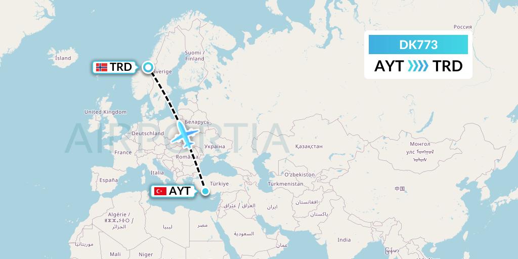 DK773 Thomas Cook Airlines Scandinavia Flight Map: Antalya to Trondheim