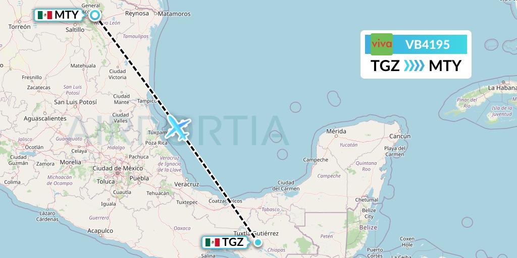 VB4195 VivaAerobus Flight Map: Tuxtla Gutierrez to Monterrey