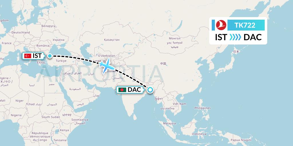 TK722 Turkish Airlines Flight Map: Istanbul to Dhaka