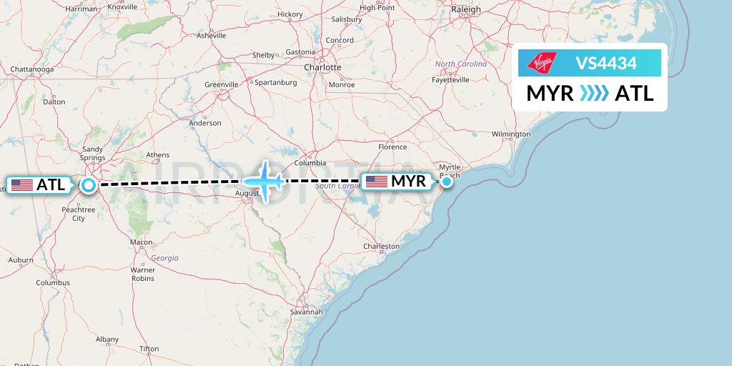 VS4434 Virgin Atlantic Airways Flight Map: Myrtle Beach to Atlanta