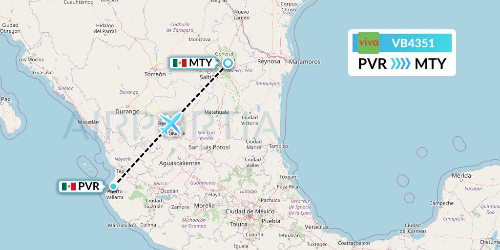 VB4351 VivaAerobus Flight Map: Puerto Vallarta to Monterrey