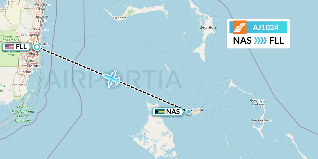 AJ1024 Aztec Airways Flight Map: Nassau to Fort Lauderdale