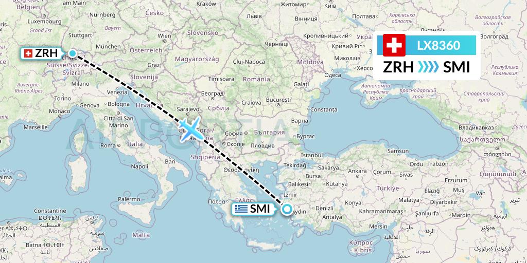 LX8360 Swiss Flight Map: Zurich to Samos