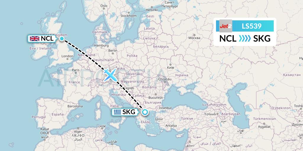 LS539 Jet2 Flight Map: Newcastle to Thessaloniki