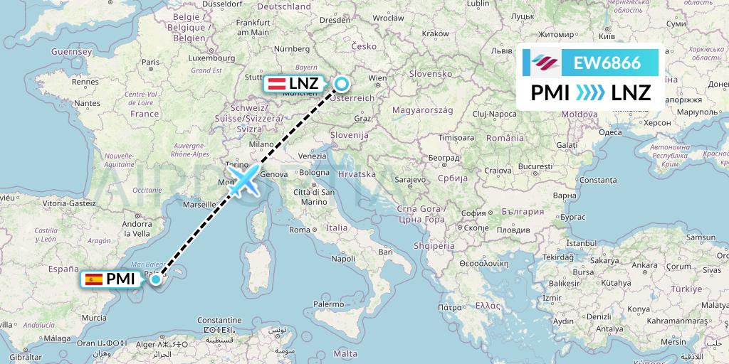 EW6866 Eurowings Flight Map: Palma de Mallorca to Linz