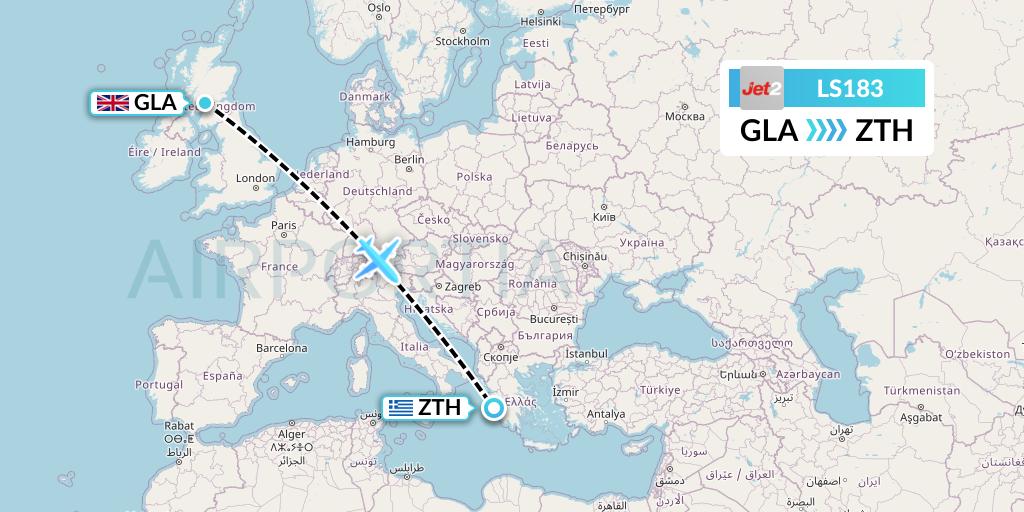 LS183 Jet2 Flight Map: Glasgow to Zakynthos