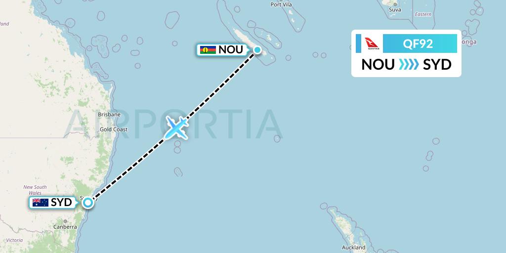 QF92 Qantas Flight Map: Noumea to Sydney