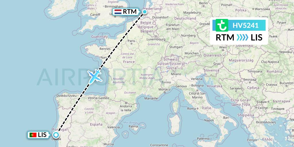 HV5241 Transavia Flight Map: Rotterdam to Lisbon
