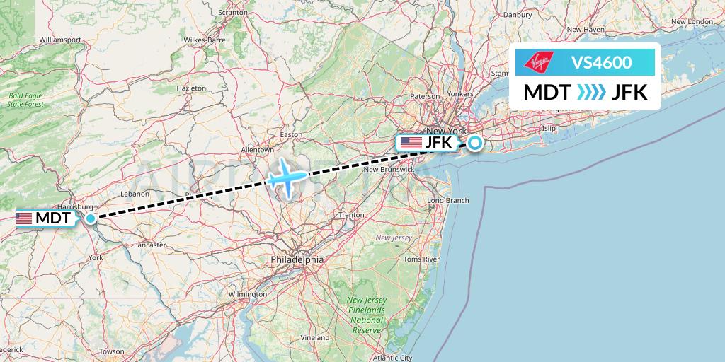 VS4600 Virgin Atlantic Airways Flight Map: Harrisburg to New York