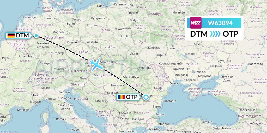 W63094 Wizz Air Flight Map: Dortmund to Bucharest