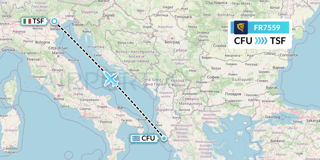 FR7559 Ryanair Flight Map: Corfu to Treviso