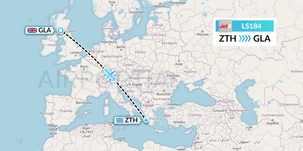 LS184 Jet2 Flight Map: Zakynthos to Glasgow