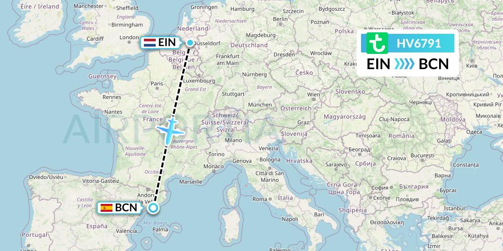 HV6791 Transavia Flight Map: Eindhoven to Barcelona