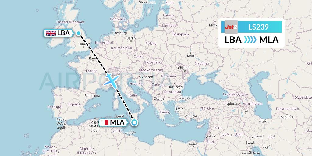 LS239 Jet2 Flight Map: Leeds to Malta