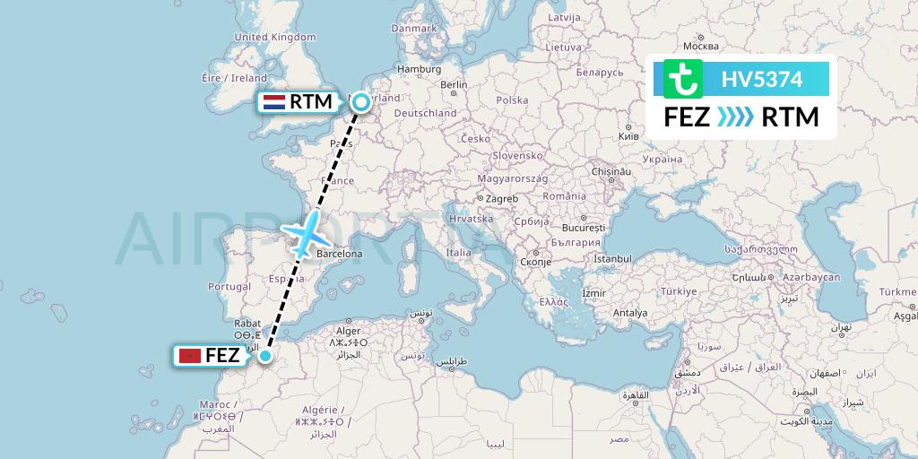 HV5374 Transavia Flight Map: Fes to Rotterdam