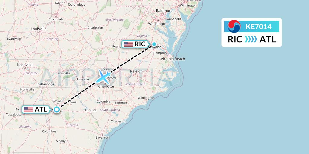 KE7014 Korean Air Flight Map: Richmond to Atlanta