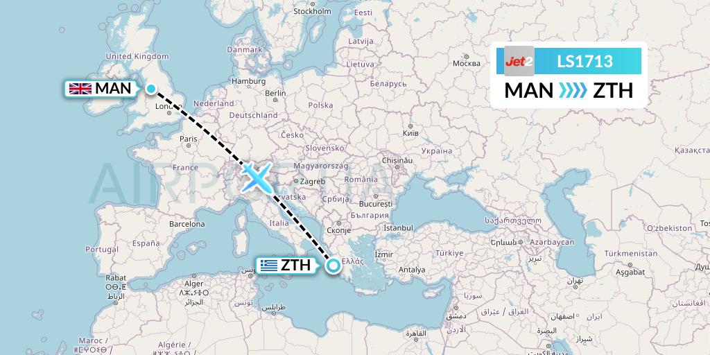 LS1713 Jet2 Flight Map: Manchester to Zakynthos