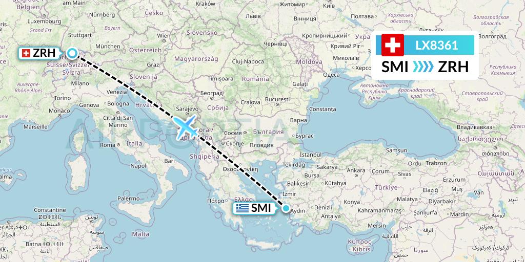 LX8361 Swiss Flight Map: Samos to Zurich