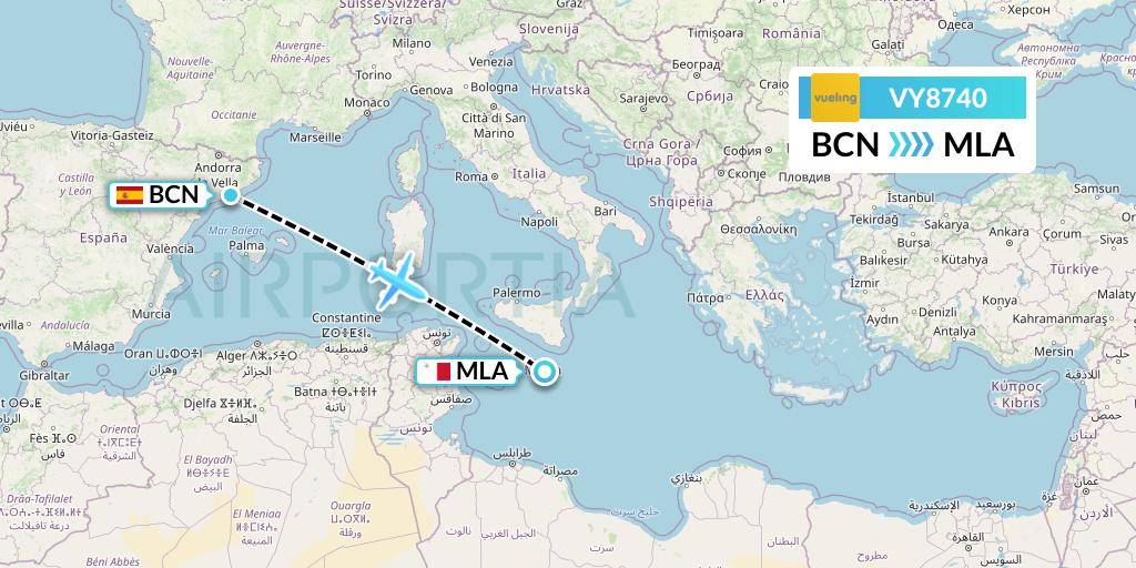 VY8740 Vueling Flight Map: Barcelona to Malta
