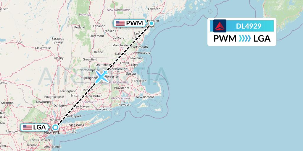 DL4929 Delta Air Lines Flight Map: Portland to New York
