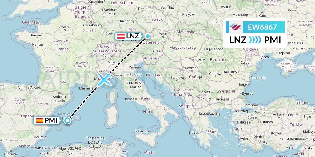 EW6867 Eurowings Flight Map: Linz to Palma de Mallorca