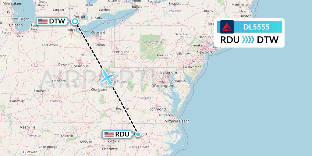 DL5555 Delta Air Lines Flight Map: Raleigh-Durham to Detroit