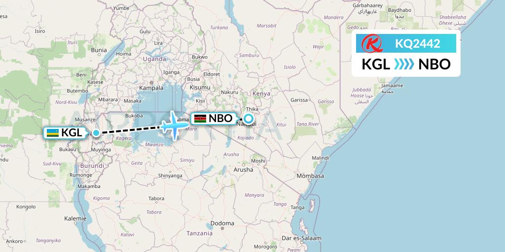 KQ2442 Kenya Airways Flight Map: Kigali to Nairobi