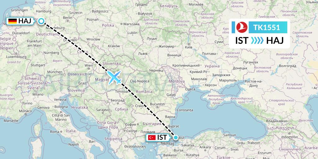 TK1551 Turkish Airlines Flight Map: Istanbul to Hannover