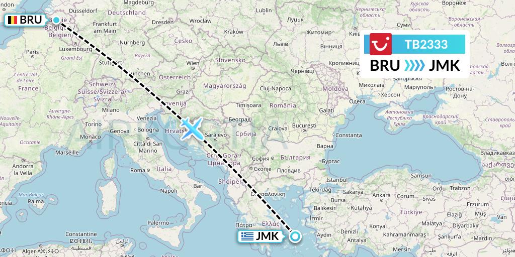 TB2333 TUI fly Belgium Flight Map: Brussels to Mykonos