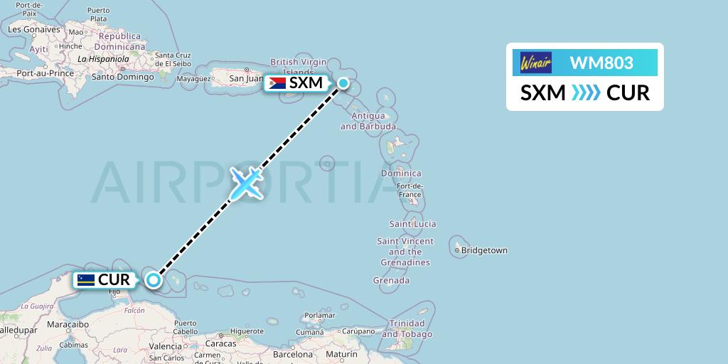 WM803 Winair Flight Map: Sint Maarten to Willemstad